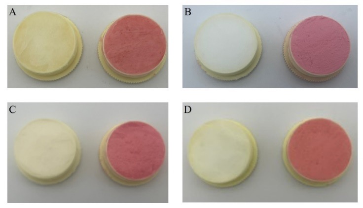 Appearance of the formulations in various compounding bases, which are (A) hydrophilic petrolatum USP, (B) anionic cream, (C) cold cream USP, and (D) PLO. White or yellowish color represents compounding bases (without drug). Pink color creams represent bases that 2% AMH was incorporated.