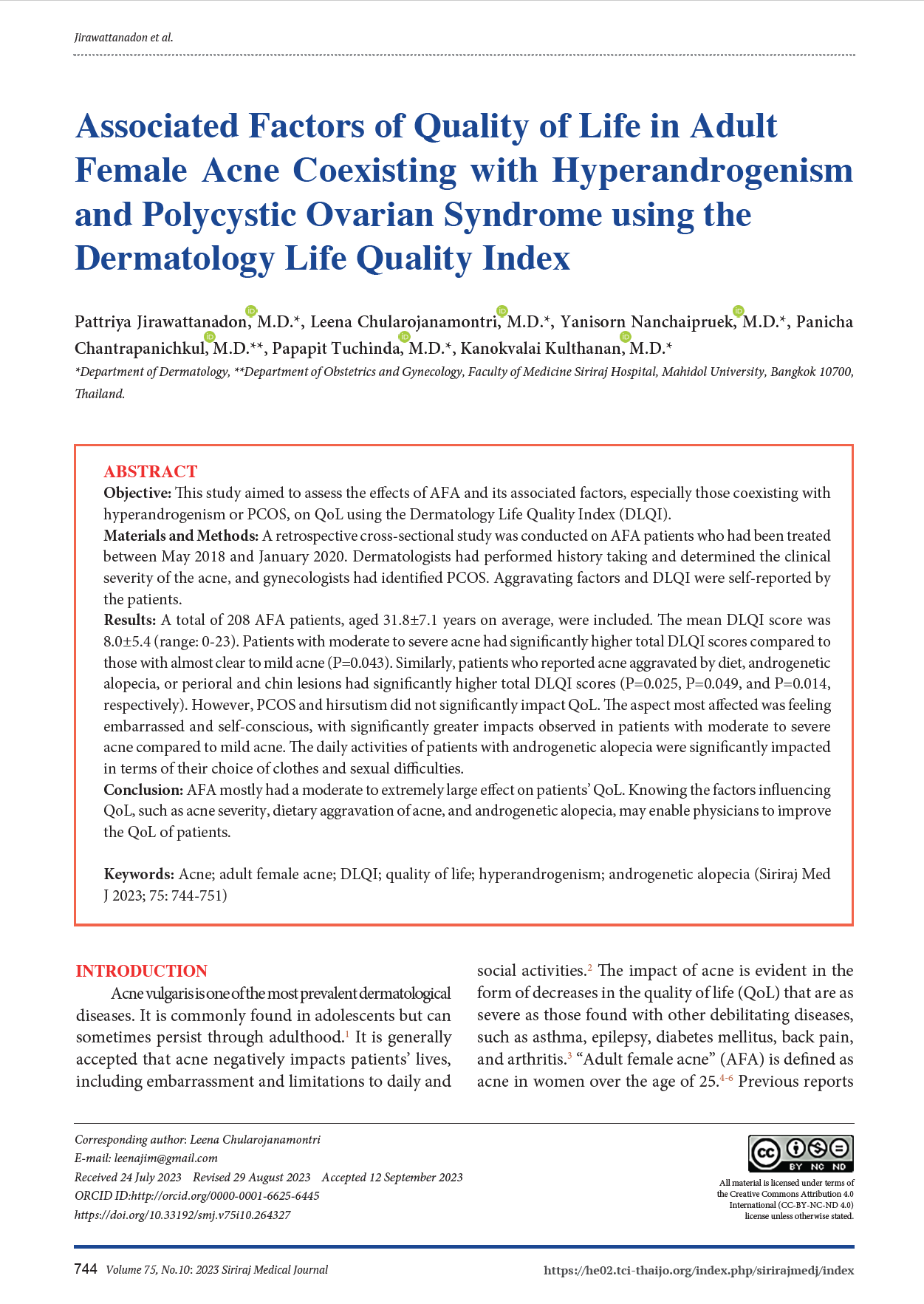Associated Factors of Quality of Life in Adult Female Acne Coexisting with Hyperandrogenism and Polycystic Ovarian Syndrome