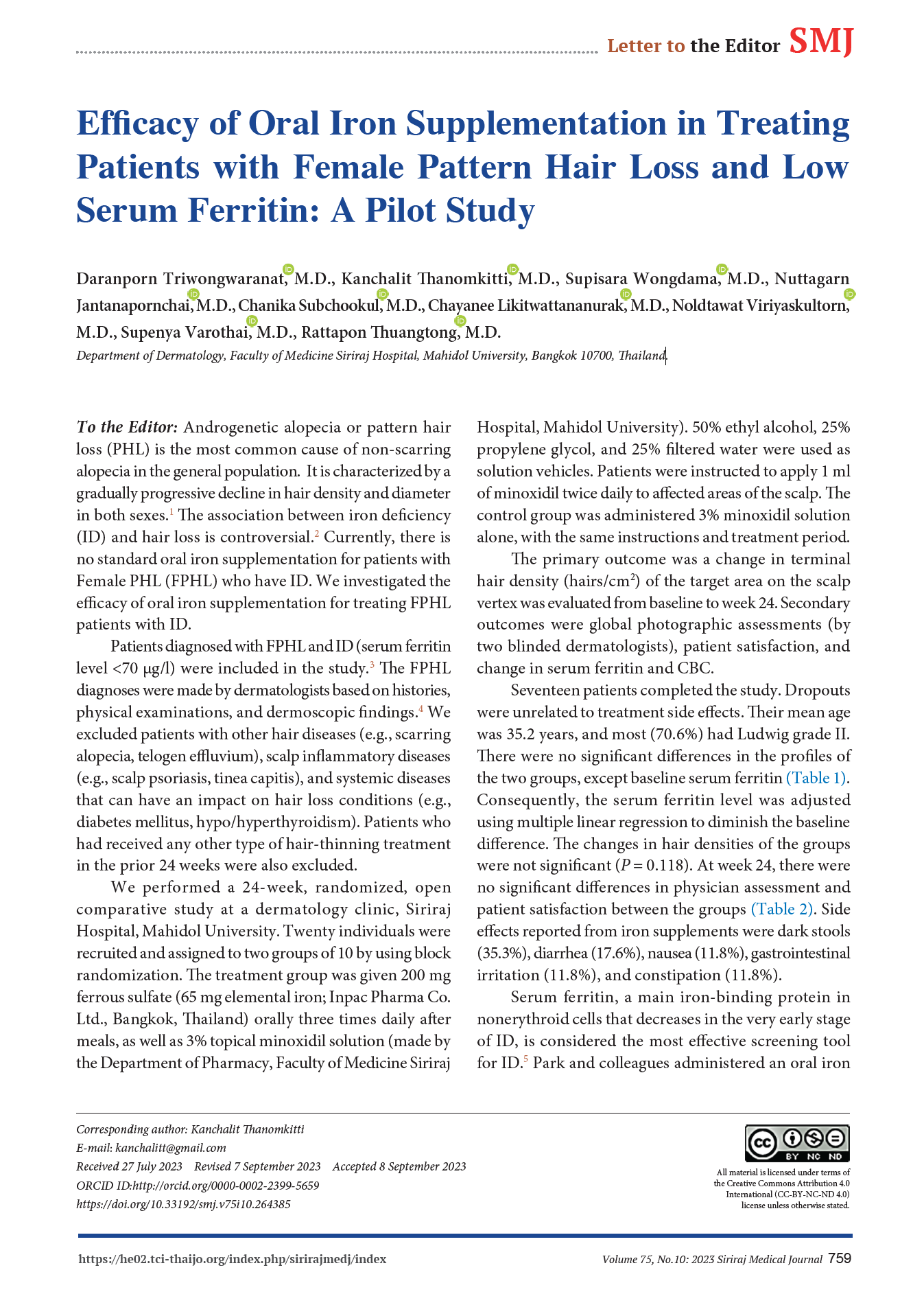 Efficacy of Oral Iron Supplementation in Treating Patients with Female Pattern Hair Loss and Low Serum Ferritin