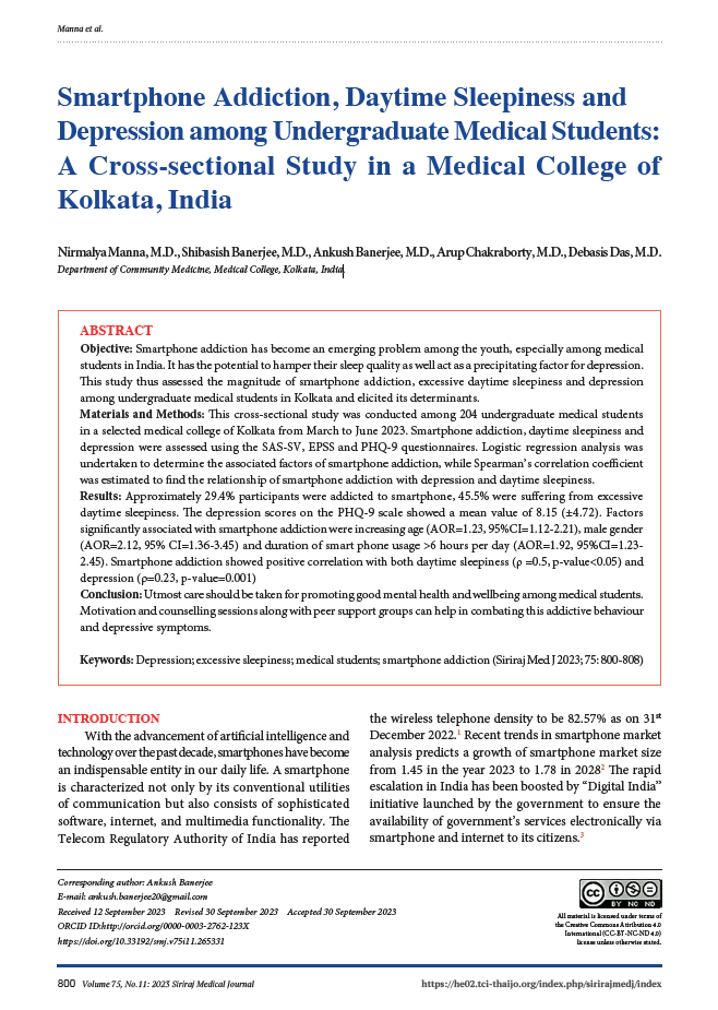 Smartphone Addiction, Daytime Sleepiness and Depression among Undergraduate Medical Students: A Cross-sectional Study in a Medical College of Kolkata, India