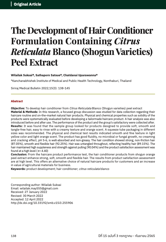 The Development of Hair Conditioner Formulation Containing Citrus Reticulata Blanco (Shogun Varieties) Peel Extract
