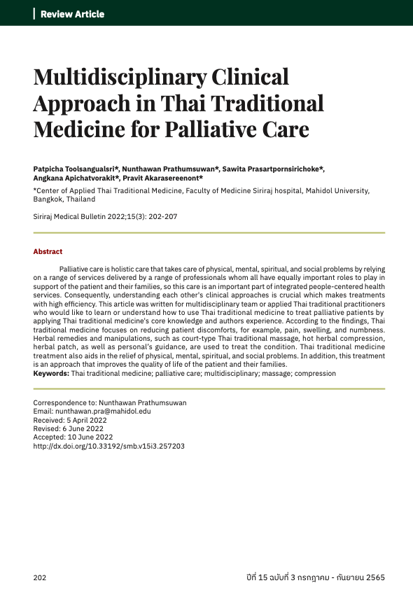 Multidisciplinary Clinical Approach in Thai Traditional Medicine for Palliative Care